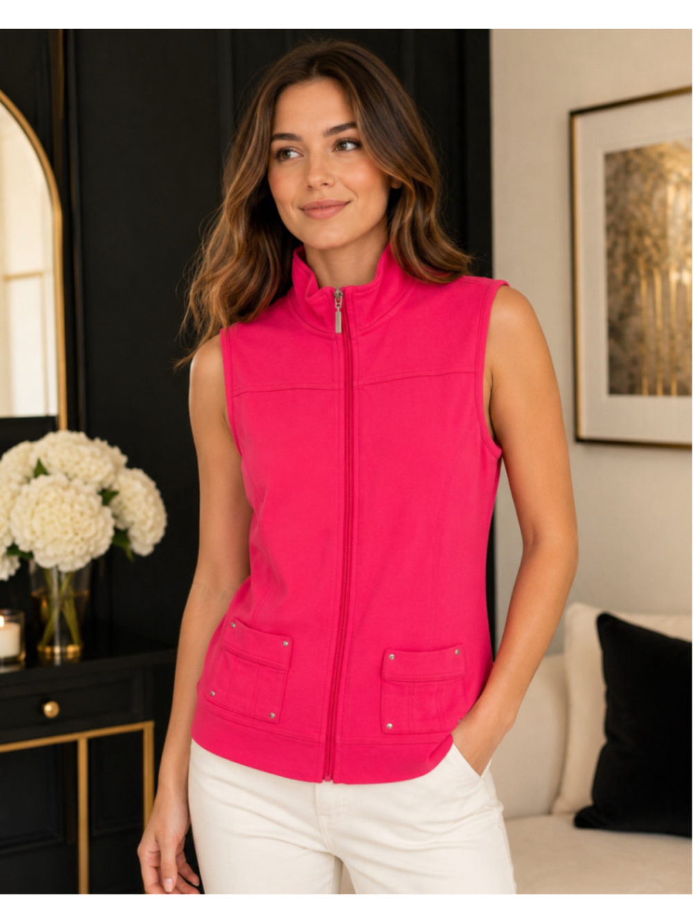 Women's Karen Scott Sport Sleeveless Zip-Front Vest, Petite SP, Hot Pink